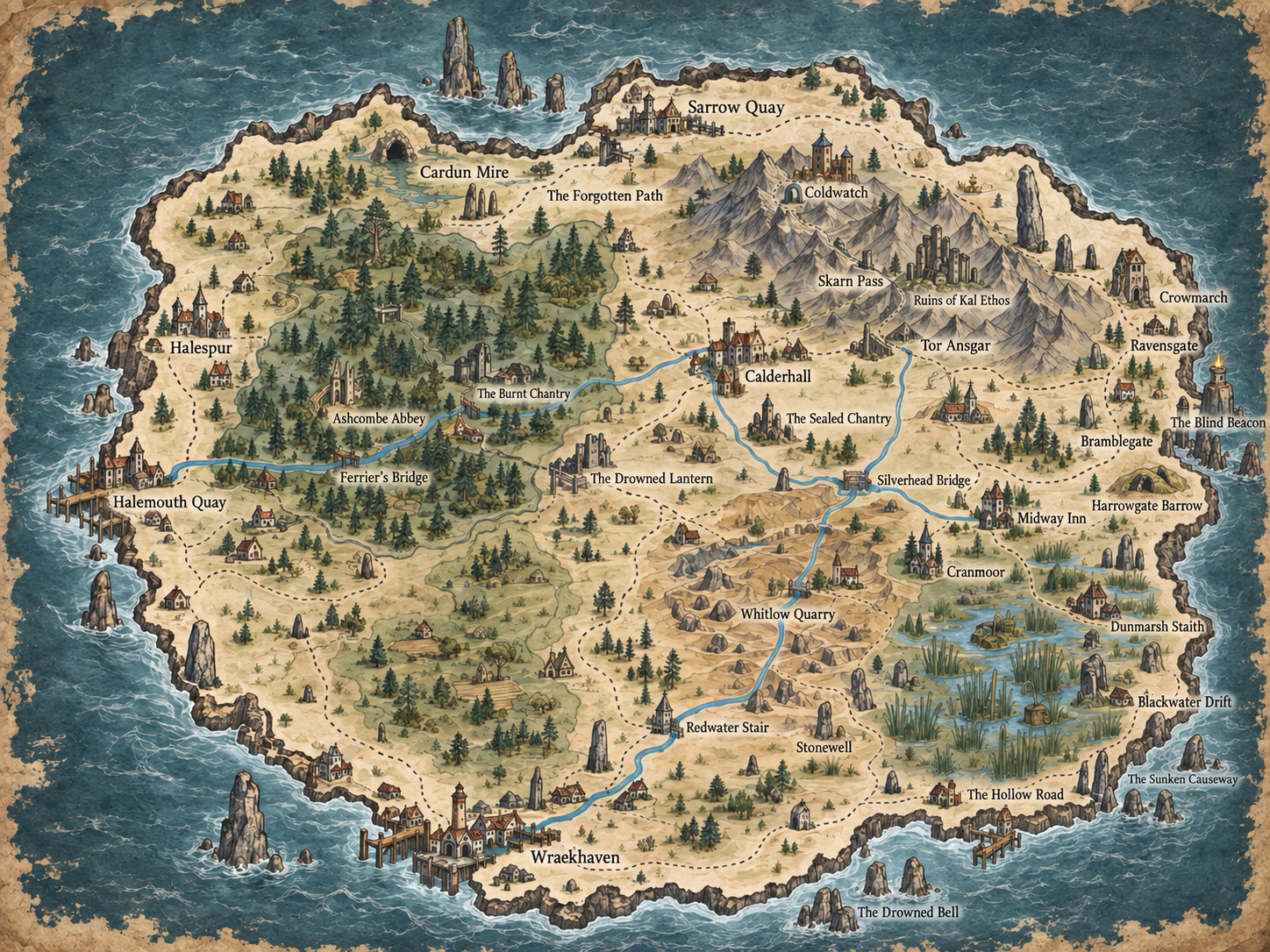 A painted map of Fenreach, showing the Greatwood, the Downs, the Kal Ethos Mountains, the Black Marsh and the Silver Run.